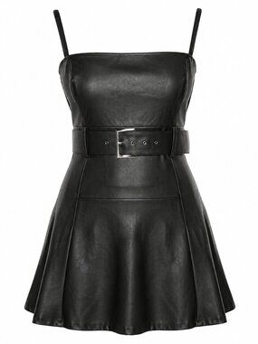 Free people Black Vegan Leather Pleated Mini Dress Belted Spaghetti Strap Chic